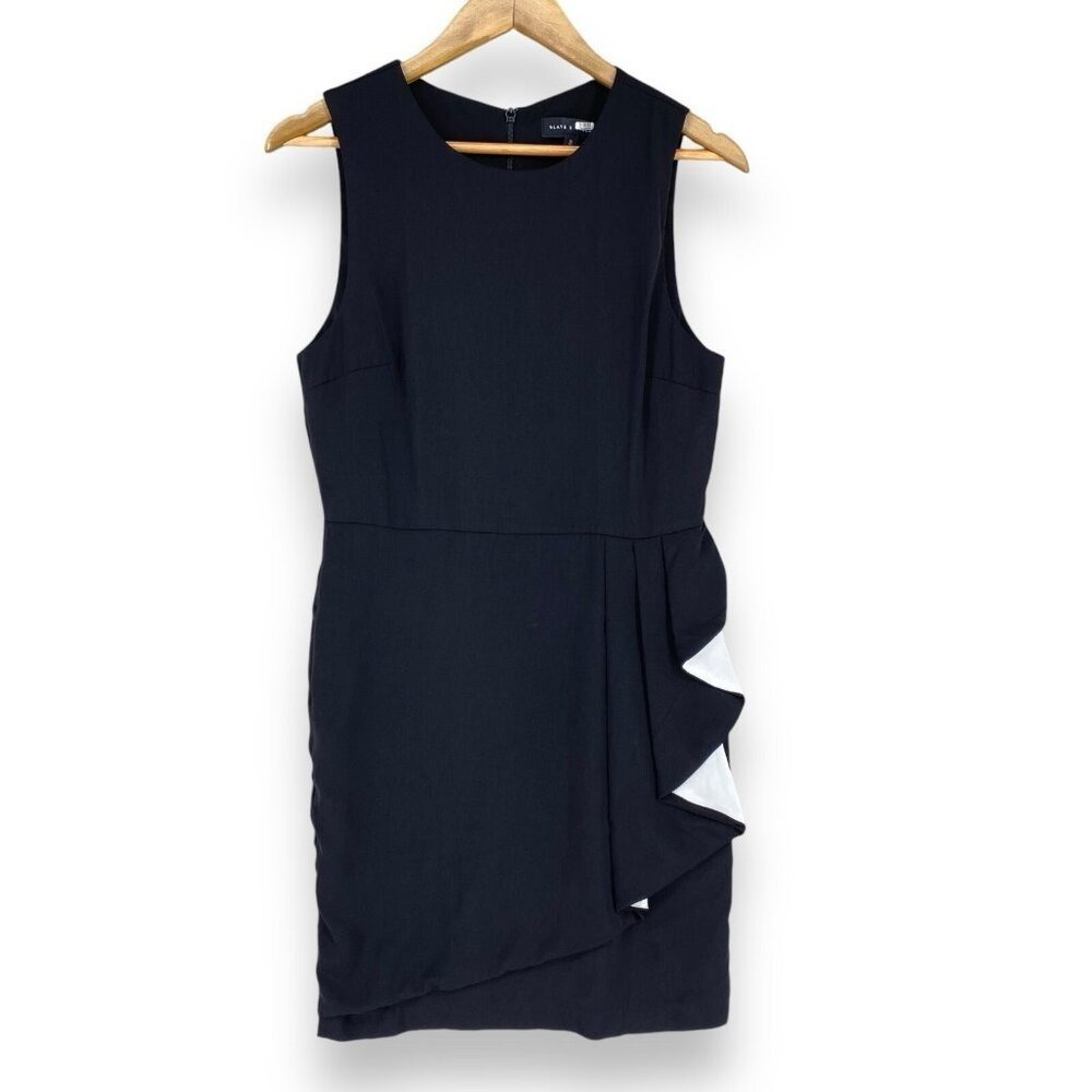 Slate & Willow Ruffle Front Sheath Dress Women 8 Black White Contrast Sleeveless